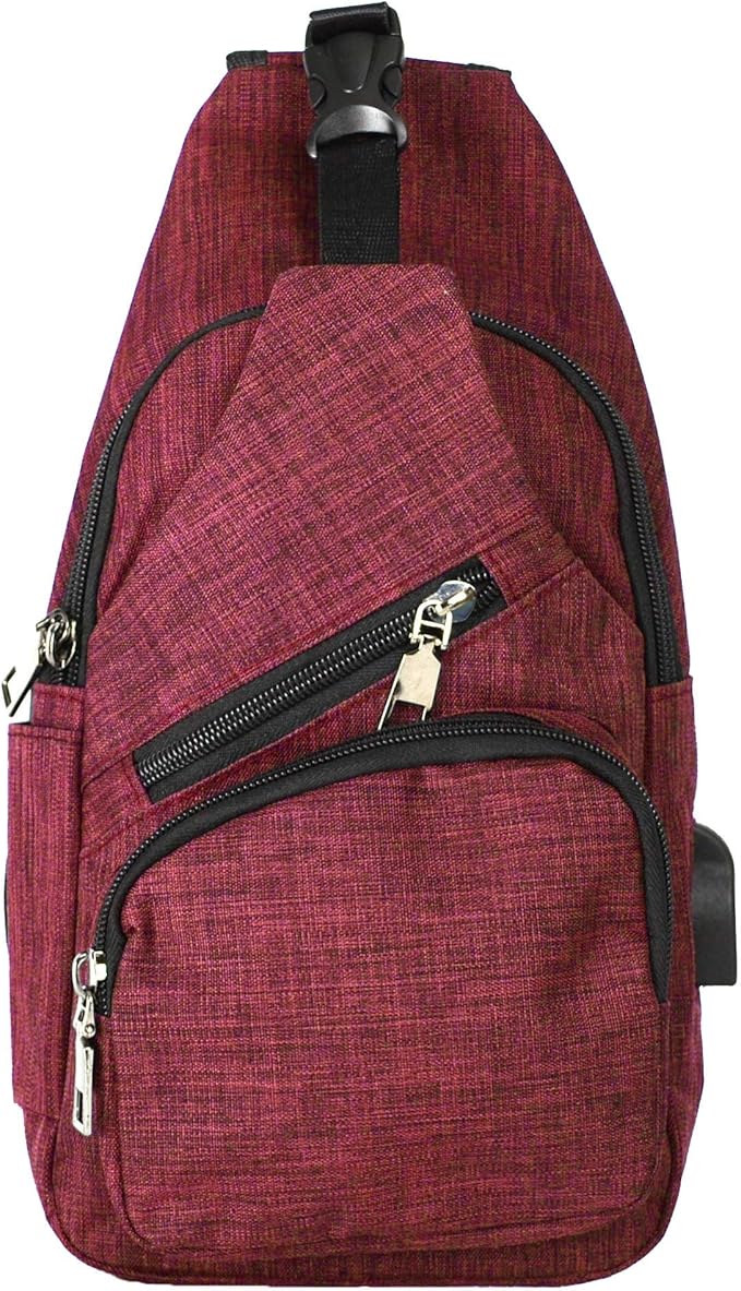 Anti-Theft Daypack Crossbody Sling Backpack, USB Charging Connector Port, Lightweight Day Pack for Travel, Hiking, Everyday, Regular, Red