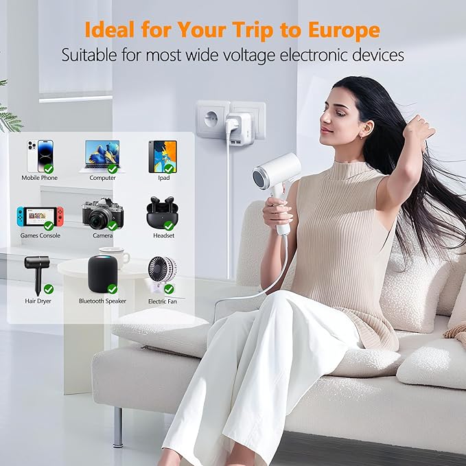Mapambo Voltage Converter US to Europe Travel: International Universal Travel Adapter with Fast Charging 2 USB-A 2 USB-C Port Worldwide Power Converters Plug Combo for Spain Italy (White)