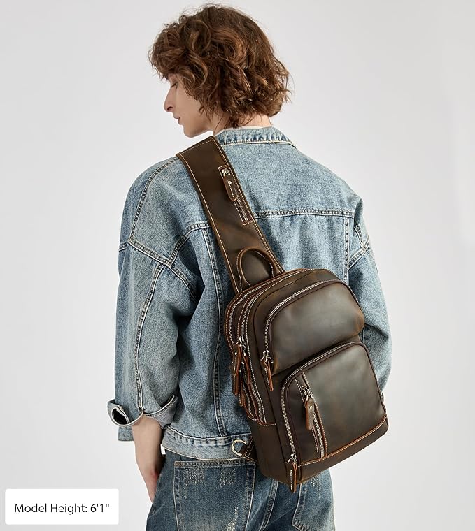 LANNSYNE Full Grain Leather Sling Bag For Men, Crossbody Bag fits 12.9" iPad Crossbody Chest Daypack