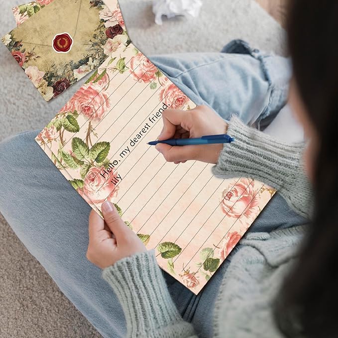 160 Pcs Stationery Paper Envelopes Set Includes 50 Lined Writing Paper & 50 Envelopes with 60 Colorful Round Dot Stickers, Vintage Floral Letter Writing and Stationery Paper Envelopes(10Style)