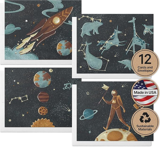 Twigs Paper 12 pcs Space Themed Note Card Set - Assorted Greeting Cards for Every Occasion with Envelopes Included - Cute and Unique Designs - Bulk Stationery Pack - 5.5 x 4.25 Inch Eco-Friendly Paper