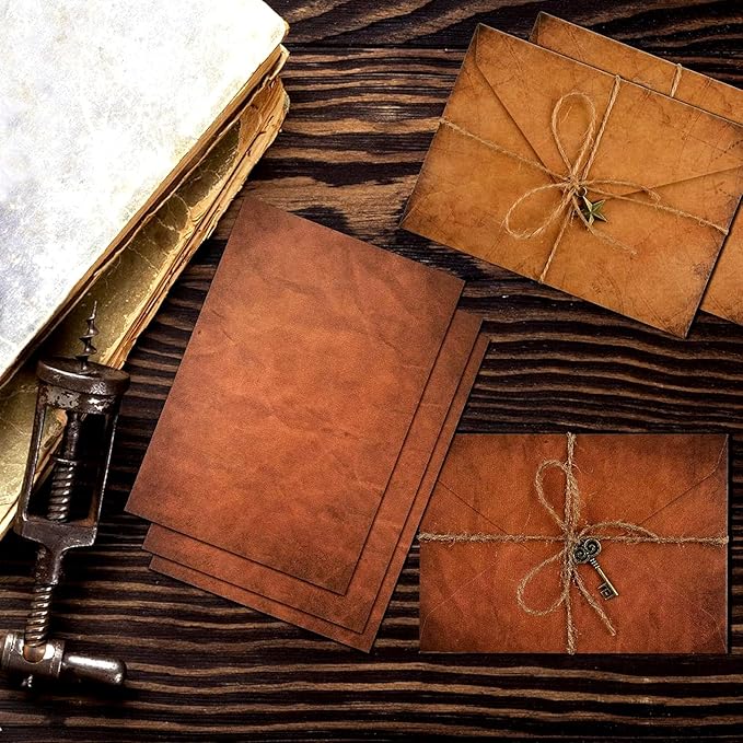 Vintage Stationery Paper and Envelopes Set,Writing Stationery Paper Letter and Envelopes including 24 Sheets Aged Antique Letter Paper, 12 Vintage Envelopes, 12 Rope & 12 Classic Key(60PCS, 6 Style)