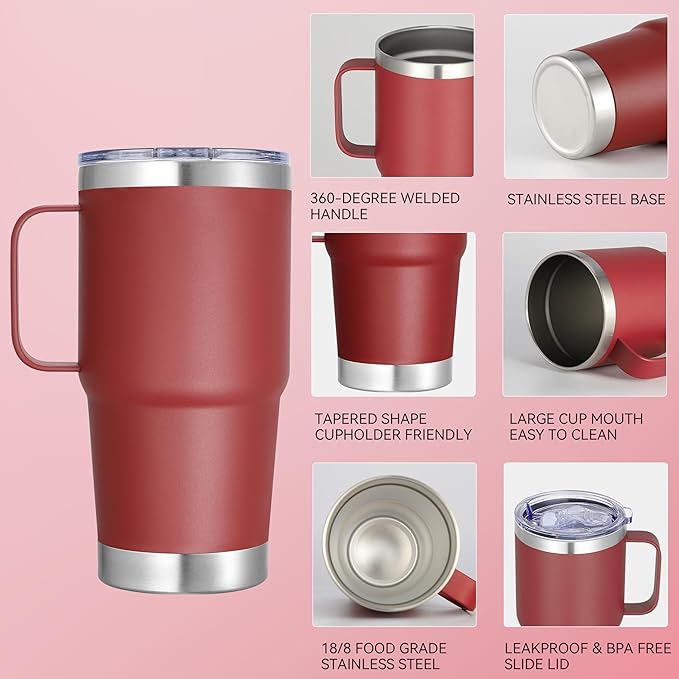 20 oz Stainless Steel Tumbler with Handle Metal Insulated Coffee Travel Mug with Handle Double Wall Tumbler Cup with Lid and Straw, Wine Red 1 Pack