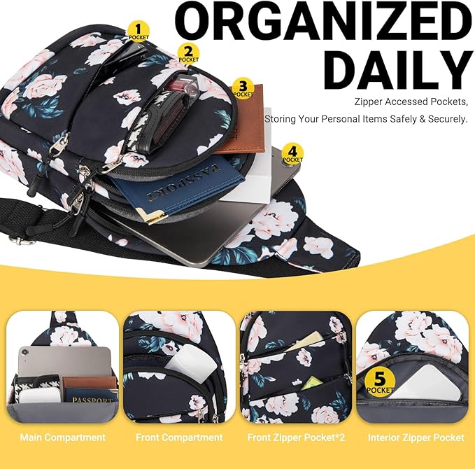 Crossbody Bags for Women, Sling Bag for Men, Small Hiking Backpack Anti Theft Lightweight for Outdoors Travel （M, Black Floral）