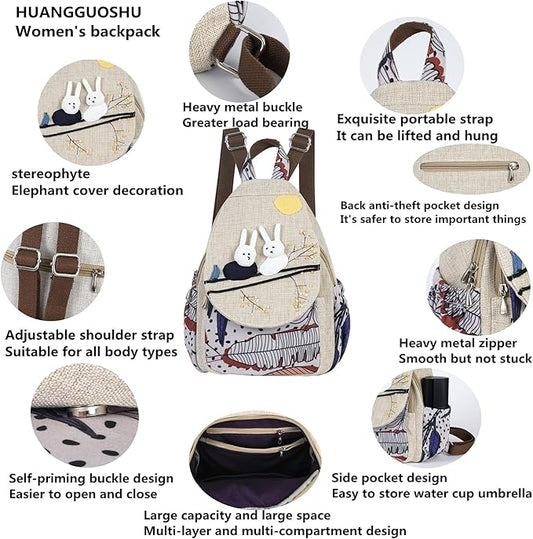 HUANGGUOSHU Women Cotton Woven Bohemian Hemp Boho Canvas Embroidery Multi Pocket Retro Cute Backpack Wallet Backpack Nature Animal Motif