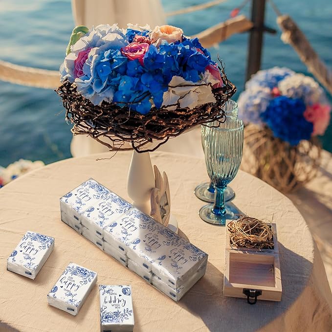 Spiareal 50 Pcs Blue Flower Happy Tears Tissues for Wedding Bulk 3 Ply for Your Happy Tears Wedding Tissues for Guests Pocket Paper Mini Travel Size for Party Favor Graduation