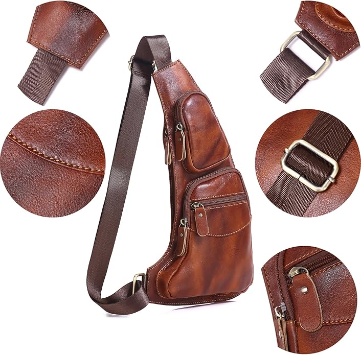 Genuine Leather Sling Bag for Men Women Backpack Chest Shoulder Satchel Crossbody Bags Casual Outdoor Daypack
