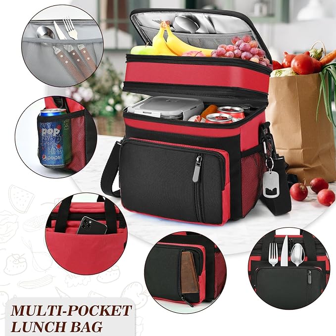 LOKASS Lunch Bag & Lunch Box for Men Women - Double Deck Expandable Insulated Waterproof Leakproof Cooler Bag for Work/Picnic - Red
