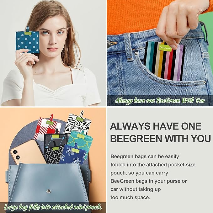 BeeGreen Reusable Grocery Bags Geometry Design - Pack of 6 Foldable Totes for Women with Pouch,X-Large 50lbs Capacity Machine Washable Polyester Sturdy Shopping Bags for Women Travel Shopping