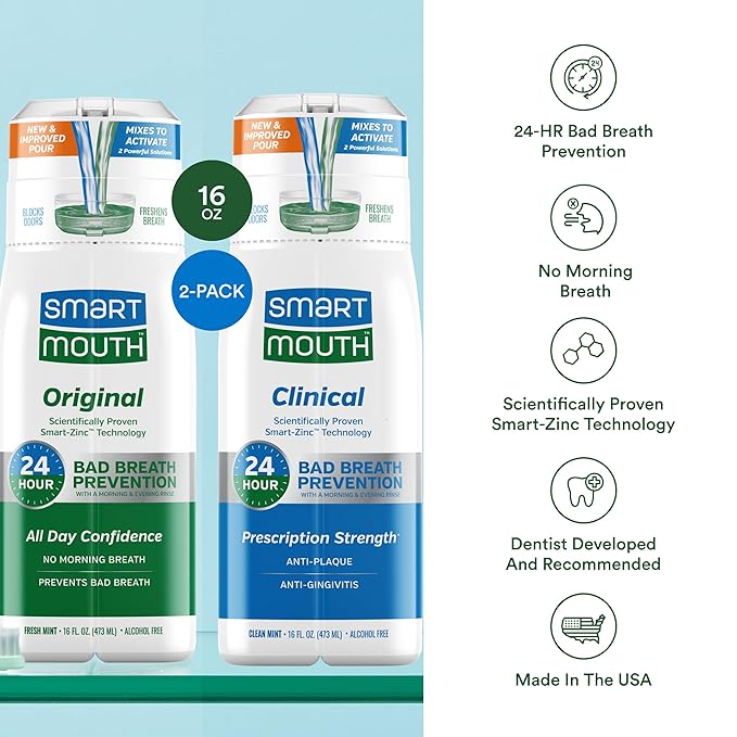 SmartMouth DDS Activated Clinical Mouthwash & Original Activated Mouthwash - Adult Mouthwash for Fresh Breath - Clean Mint Flavor (Clinical) & Fresh Mint Flavor (Original), 16 fl oz Each