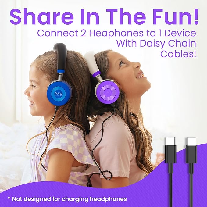 Puro Sound Labs JuniorJam Plus Volume-Limiting Wireless Bluetooth Headphones for Kids, Secure Audio with Adjustable On-Ear Design, 22-Hour Battery, Ideal for Tablets, Smartphones & PCs - Purple
