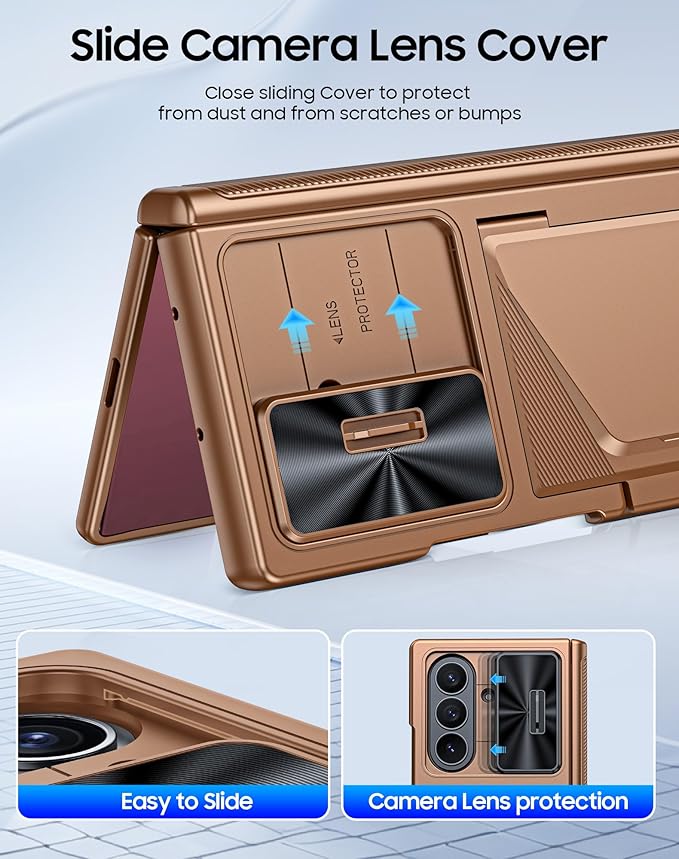 for Samsung Galaxy Z Fold 7 Case with Card Holder RFID Blocking, Built in Slide Lens Cover & Hinge Protection & Screen Protector, Shockproof Wallet Case for Z Fold 7 (Desert Gold)