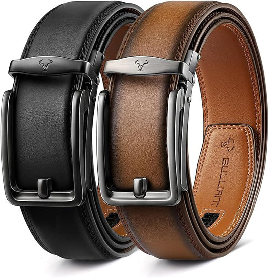 BULLIANT Men Ratchet Belt 2 Pack, Click Sliding Leather Belt Adjustable for Gift Men Dress Casual Jeans 1 3/8,Cut for Fit