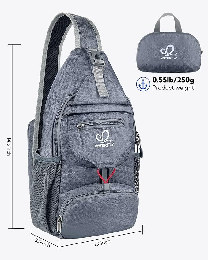WATERFLY Packable Small Crossbody Sling Backpack Shoulder Chest Bag Daypack for Hiking Traveling Grey
