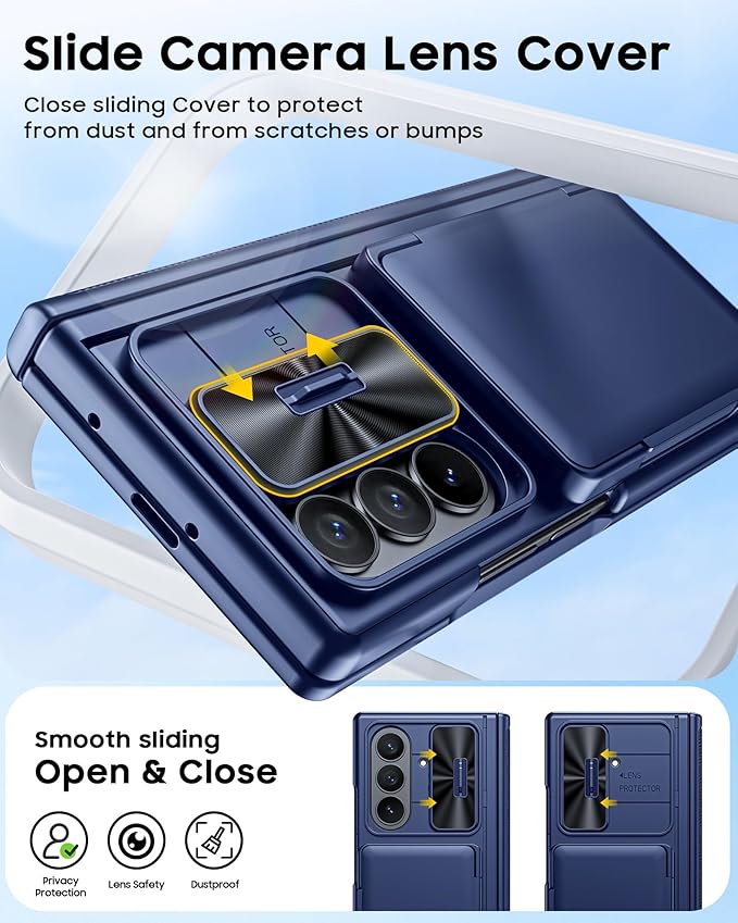 CENMASO for Samsung Galaxy Z Fold 7 Case with Card Holder [RFID Blocking] Camera Cover, Hinge Protection, Hidden Kickstand, Screen Protector, Slim Shockproof Phone Case for Galaxy Z Fold 7-Blue