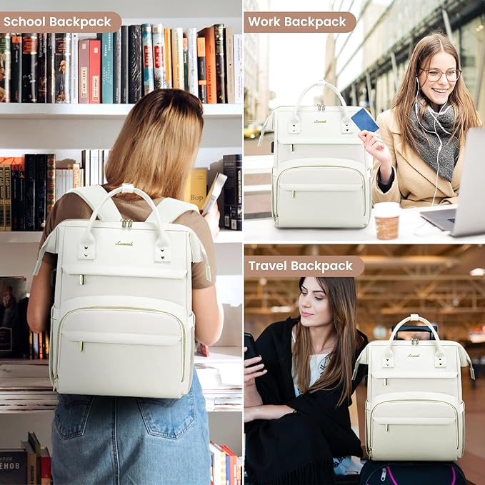 LOVEVOOK Leather Laptop Backpack for Women 15.6 inch,Travel Backpack Purse Nurse Teacher Backpacks Computer Laptop Bag,Professional College Business Work Carry On Backpack with USB Port,Beige White
