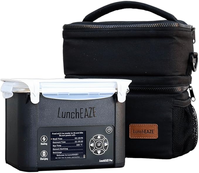 LunchEAZE Pro Cordless Heated Lunchbox – Battery-Powered, 4-Cup Capacity, 220°F Max, Automatic Scheduled Heating, Insulated Bag Included for Hot Meals Anywhere