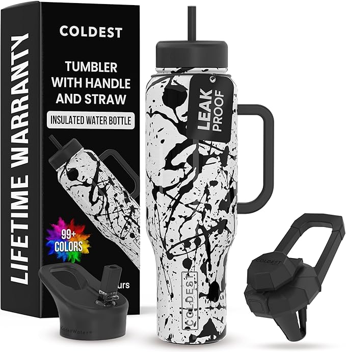 Coldest Tumbler with Handle and Straw - 100% Leak Proof Insulated Tumbler with Lid and Straw (3 Lids) - Stainless Steel Tumblers for Women & Men - Cup Holder Friendly Base, 46 oz (Dark Matter)