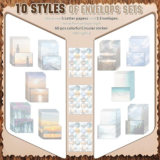 TaoBary 160 Pcs Stationery Paper Set 50 Double Sided Stationery Papers with 50 Matching Envelopes and 60 Round Dot Sticker, 10 Design(Scenic Nature,5.5 x 8.25 Inch)