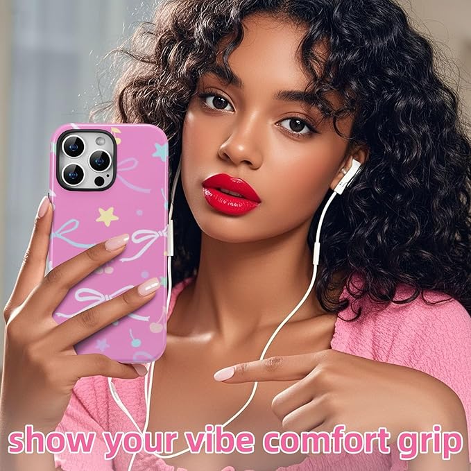 QLTYPRI Case for iPhone 16 Pro Max, Aesthetic Colorful Bow Cherry Stars Phone Case for Girls Women, Protective Hybrid 2-Layer Hard Shell Silicone Cover Durable Shockproof Phone Cover - Rose Red