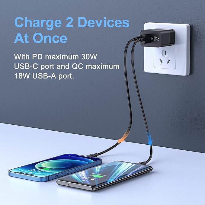 USB C Wall Charger,NITASA 30W 2 Port GaN III PD Fast Charger Adapter Block for iPhone 14/15 Pro/16 Pro Max/16 iPad,Super Fast Charger Block(25W)Type C charging for Samsung S25 S24 Pixel 9a/8a 8 9 Pro