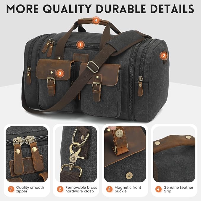 Imyth Retro Crazy Horse Leather Canvas Duffle Bag 60L Expandable Travel Bag for Airplanes (Black)