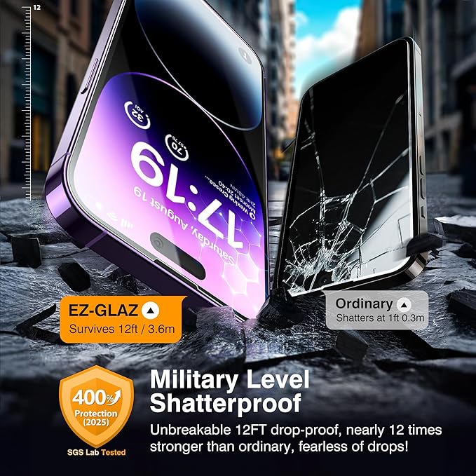 EZ-GLAZ- 4 Pack for iPhone 14 Pro Max Screen Protector [6.7"] With 2 Pack Camera Lens Protector, 9H+ Hardness 12FT Military Grade Shatterproof Scratch Resistant Durable Tempered Glass Film with Flawless Fit Kit, HD Clear