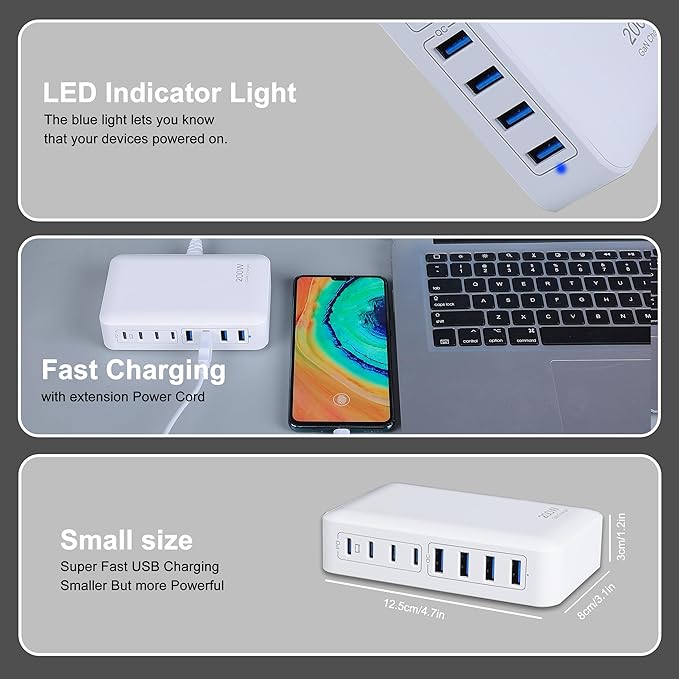 GaN 200W 8-Port USB Fast Charging Station | PD 65W Laptop & Multi-Device Adapter | Compatible with MacBook Pro/Air, iPhone 16/15/14, Galaxy S23/22 (White)