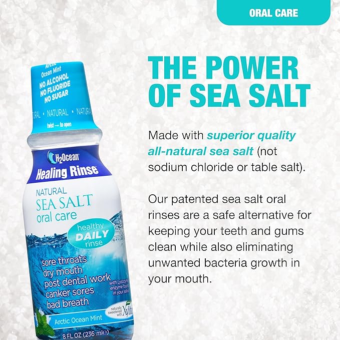 H2Ocean Healing Rinse Mouthwash- Great Tasting Sea Salt & Xylitol Mouth Wash for Fresh Breath & Dry Mouth - Alcohol & Fluoride Free - Arctic Ocean Mint 8oz