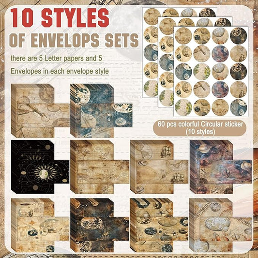 TaoBary 160 Pcs Stationery Paper Set 50 Double Sided Stationery Papers with 50 Matching Envelopes and 60 Round Dot Sticker, 10 Design(Space Moon Celestial,8.5 x 11 Inch)