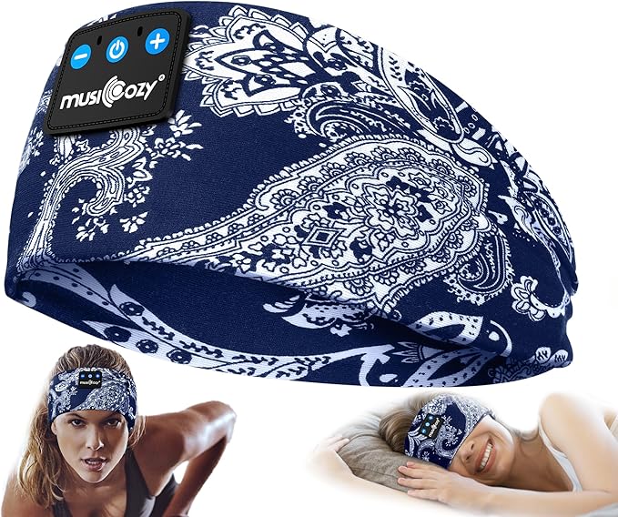 MUSICOZY Sleep Headphones Bluetooth Headband 5.4 Wireless Headband Headphones for Sleeping for Side Sleeper with Ultra-Thin HD Stero Speaker for Workout (Navy Blue)