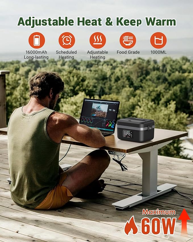 ODSD Cordless Electric Lunch Box for Adults, 16000mAh Rechargeable Self-Heating Lunch Box Food Warmers with Timer & Adjustable Heating, 34oz/1L Container with Insulated Bag for Office Car Outdoor