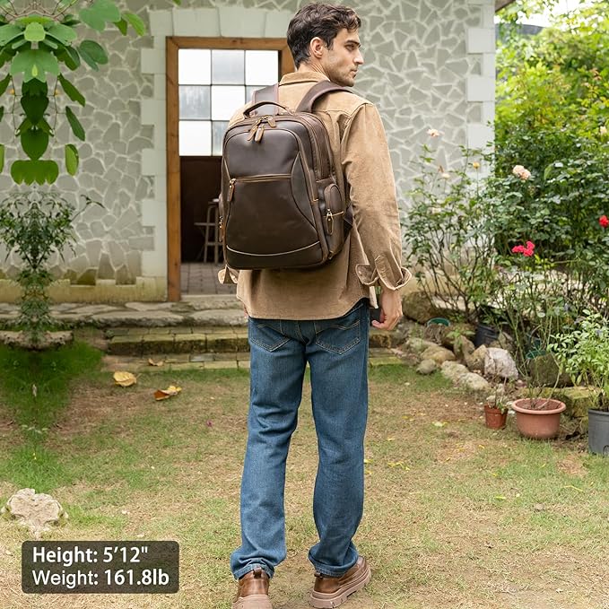 TIDING Vintage Full Grain Leather 15.6 Inch Laptop Backpack for Men Large Capacity Travel Rucksack Weekender Camping Daypacks