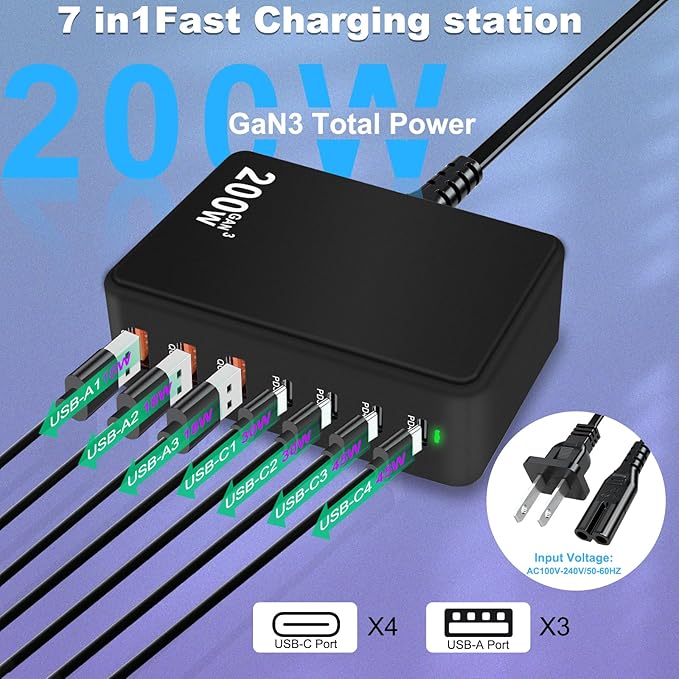 USB C Charger Block 200W 7 Port Fast Charging Station, PD 45W Laptop Charger Brick Adapter Compatible with MacBook Pro/Air,DELL,Steam Deck,iPhone 16/15/14,Galaxy S23/22 (Black)