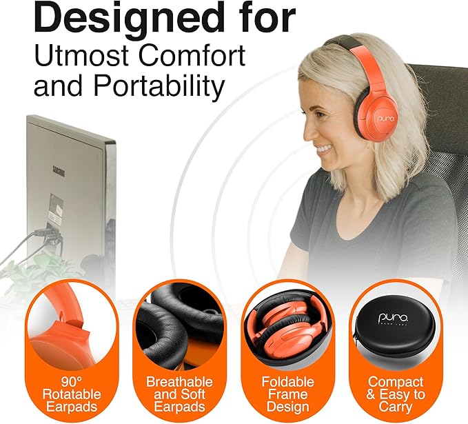 Puro Sound Labs PuroPro Hybrid Active Noise Cancelling Headphones, Volume Limiting, Hi-Res Audio, 32h Playtime, Wireless Over Ear Headphones with Mic, Comfortable Fit, Ideal for Travel & Work – Orange