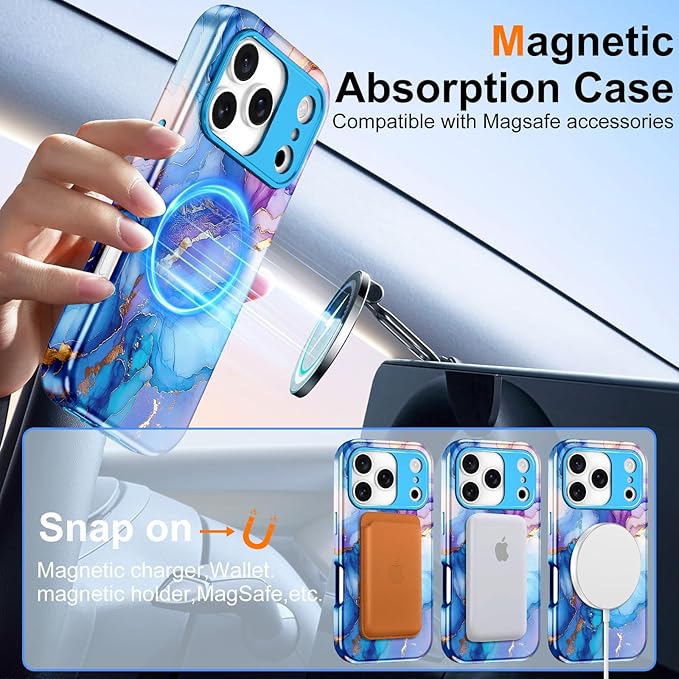 Btscase for iPhone 17 Pro Case [Compatible with Magsafe] [Military-Grade Drop Protection] Slim Anti-Scratch Smooth Touch TPU Bumper Shockproof Magnetic Phone Case for Women Girls Men, Blue Gold
