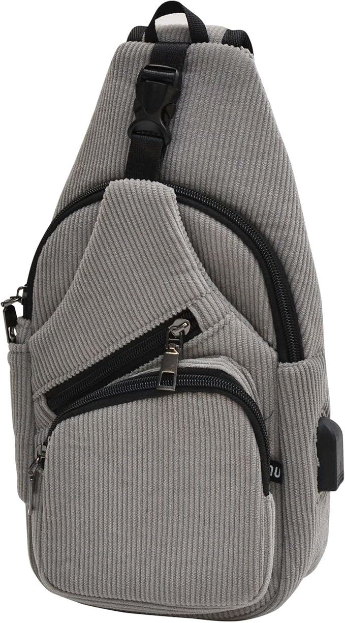 Anti-Theft Daypack Crossbody Sling Backpack, USB Charging, Lightweight Day Pack for Travel, Hiking, Everyday, Regular, Gray Corduroy