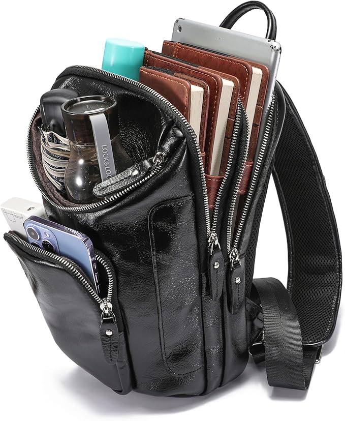 LANNSYNE Vintage Full Grain Leather Sling Bag Crossbody Chest Daypack