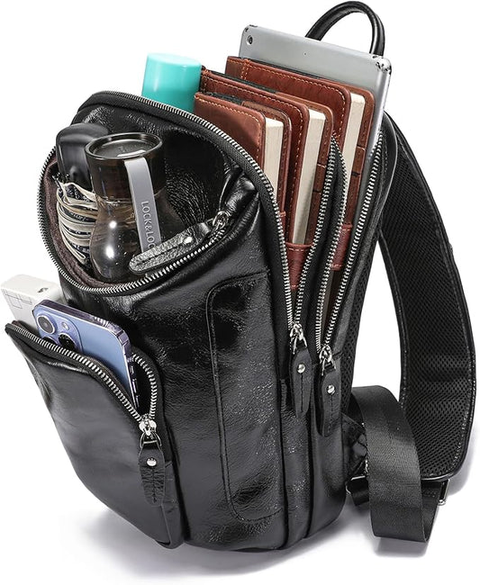 LANNSYNE Vintage Full Grain Leather Sling Bag Crossbody Chest Daypack