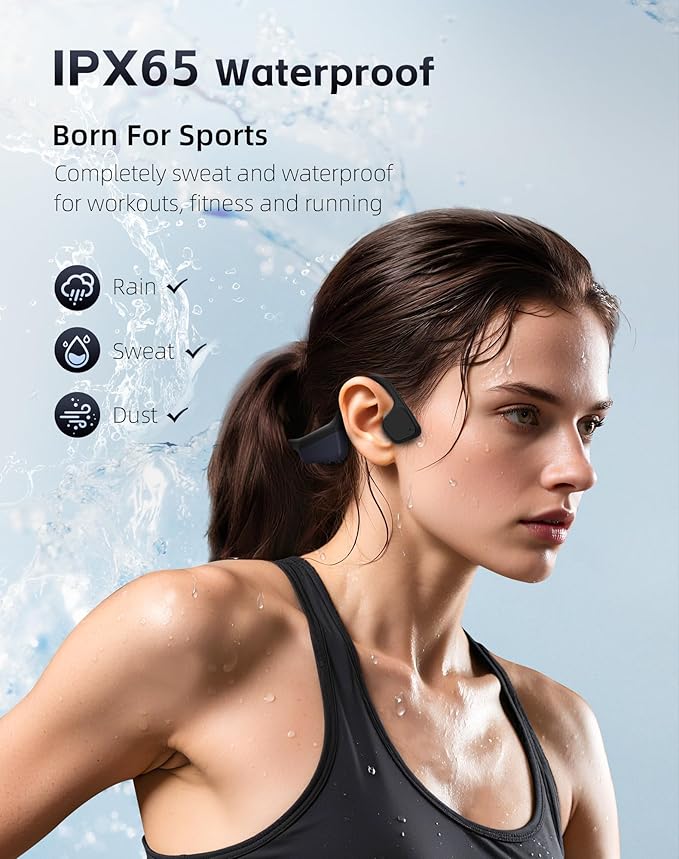 Bone Conduction Headphones, Waterproof Open Ear Wireless Bluetooth Shower Earbuds Noise Cancelling, HiFi Stereo Earphones with Mic, 18H Playtime, Comfort Headset for Sports, Work, Meeting