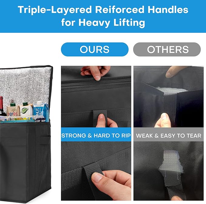 JUNGYOON Heavy-Duty Insulated Grocery Bags & Picnic Basket – Collapsible Cooler Bag with Zippered Top | Reusable Shopping Bags for Groceries, Picnics, Beach (XL Black)