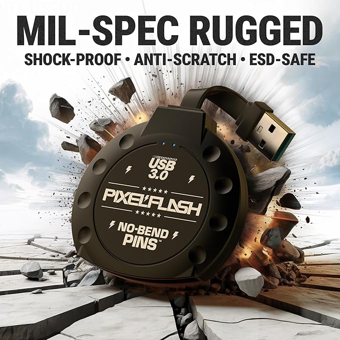 PixelFlash CF Card Reader (Black) - Compact Flash Memory Card Adapter with Cabled USB 3.0, 5GB/s File Transfer, No-Bend Pins, Supports UDMA-7, Anti-Slip & Anti-Scratch, Compatible to Most Brands & OS