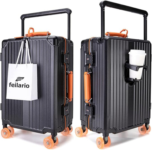 feilario 20" Aluminum Frame Wide Handle Hard Shell Carry On Suitcase - Vivid Colors Double Spinner Wheels Airline Approved Rolling Luggage with TSA Lock & Cup Holder (Black, 20in)