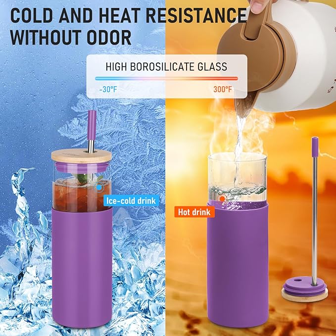 Glass Tumbler w/Lids & Straw: 24 oz Reusable Glass Cup w/Bamboo Lid, Stainless Steel Straws, BPA-Free, Leak-Proof, Dishwasher Safe for Coffee/Smoothies/Hot Beverage, Travel/Office/Home Use, 2-Pk