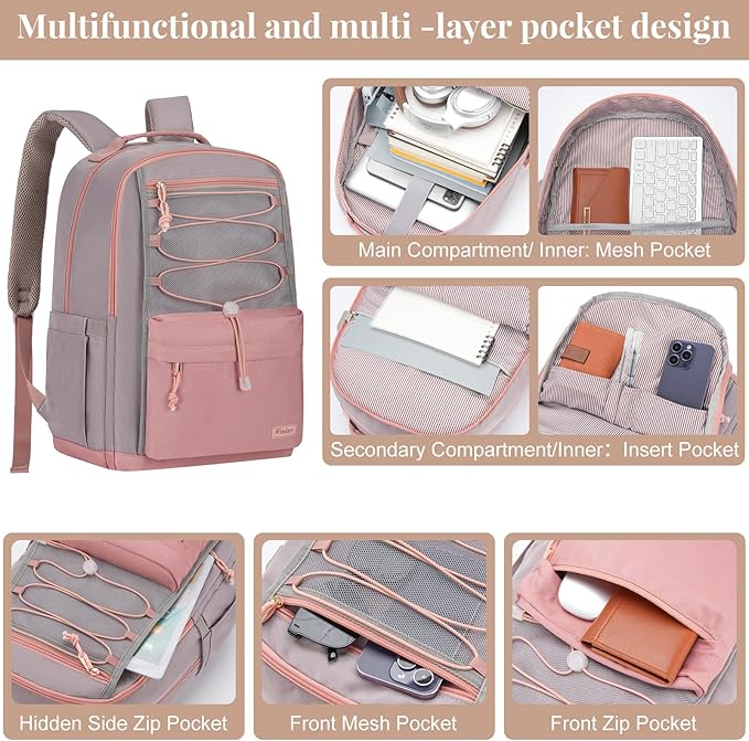 School Backpack for Teens Girls, Aesthetic College Backpack Large Bookbag for Women Students Fashion 15.6 Inch Laptop Bag for Work Travel (Pink & Grey)