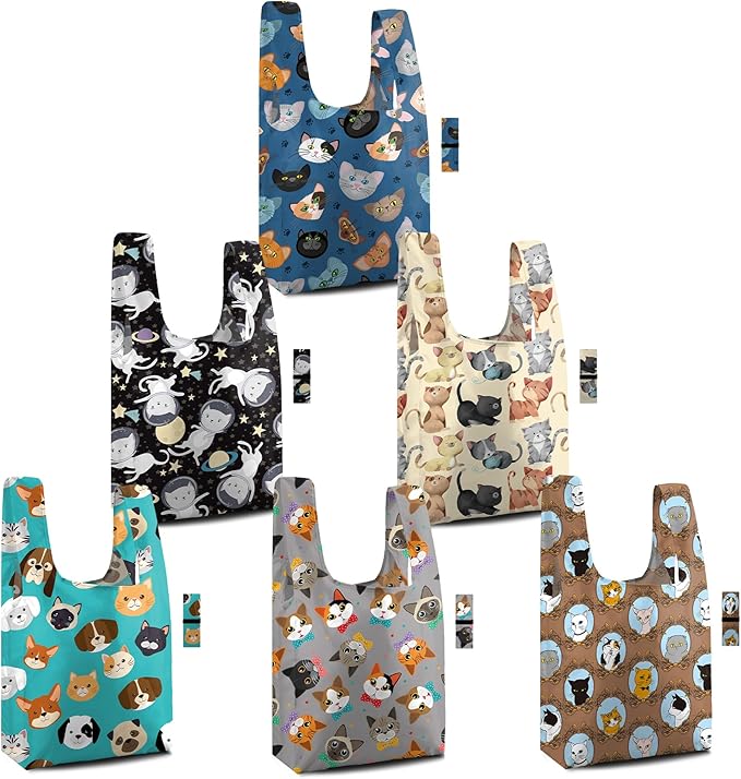 BeeGreen Reusable Grocery Bags 6 Pack - Foldable, Heavy Duty Shopping Tote Bags with Zipper Pouch, Large Capacity (50+ Lbs), Animal Prints Designs for Women & Men, Machine Washable