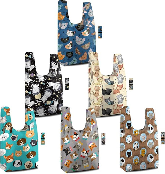 BeeGreen Reusable Grocery Bags 6 Pack - Foldable, Heavy Duty Shopping Tote Bags with Zipper Pouch, Large Capacity (50+ Lbs), Animal Prints Designs for Women & Men, Machine Washable