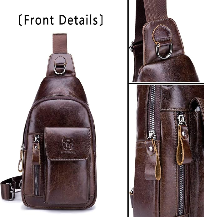 BULLCAPTAIN Mens Leather Crossbody Bag Shoulder Sling Bag Casual Daypacks Chest Bags for Travel Hiking Backpacks