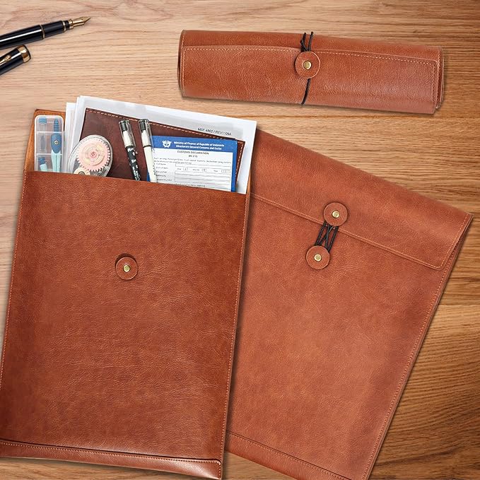 Brown PU Leather File Folder for Documents,Important Document Folder with String Tie,Laptop Sleeve Notebook Case,Leather File Organizer,A4 Envelopes Filing Folder