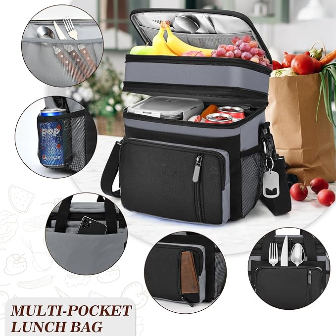 LOKASS Lunch Bag & Lunch Box for Men Women - Double Deck Expandable Insulated Waterproof Leakproof Cooler Bag for Work/Picnic - Grey